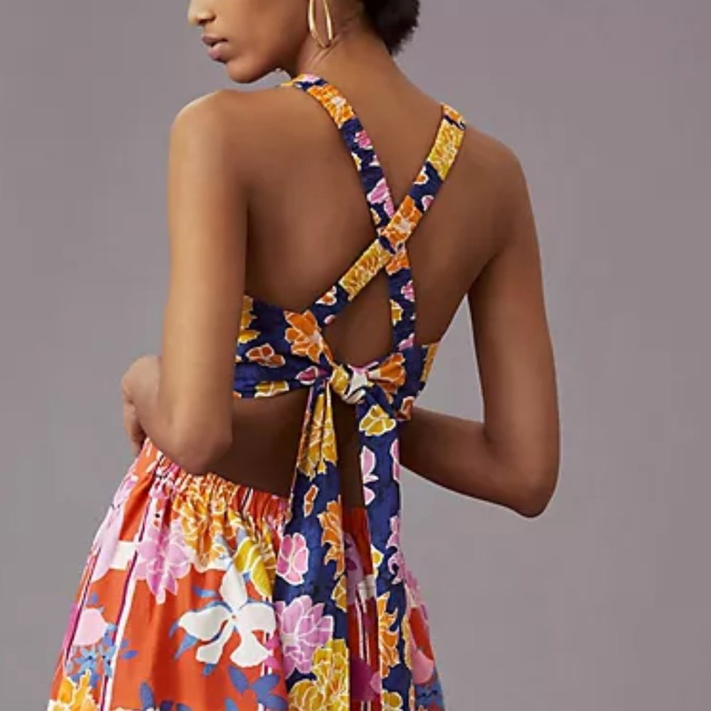Anthropologie Navy Floral Halter Midi Dress with Pink, Yellow & Orange Blooms - Picture 9 of 10